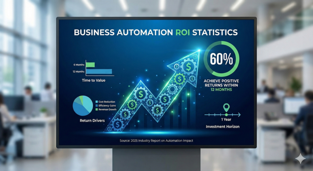 Business automation ROI statistics showing 60% achieve positive returns within 12 months